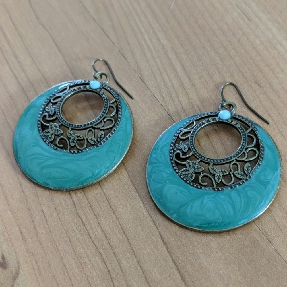 Teal & gold marble earrings